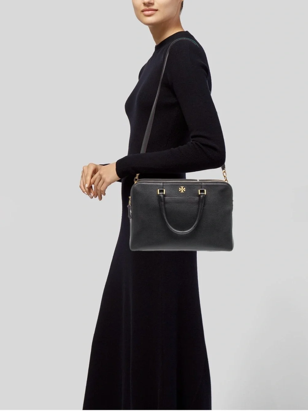 TORY BURCH Georgia Double Zip Pebbled Leather Satchel Black Gold 8